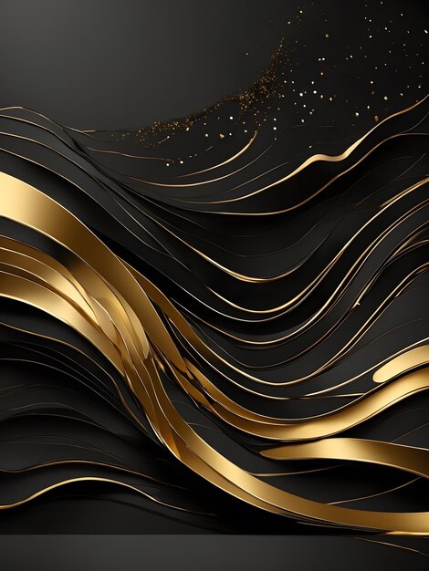 Abstract 3d black background with gold lines curved wavy sparkle with copy space for text