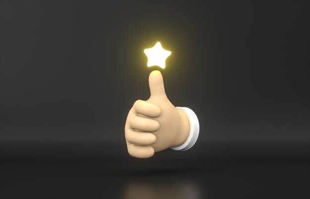 Abstract 3d Cartoon thumb up hand with rating star neon icon.