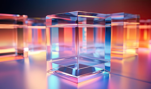 Abstract 3D composition of floating translucent cubes against a blurred gradient background Transparent geometric shapes wallpaper AI Generative