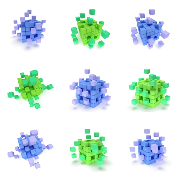 abstract 3d cubes set composition of 3d cubes 3d render illustration isolated on white