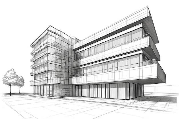 Abstract 3D design sketch of office building