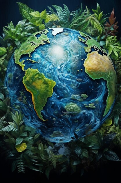 абстрактная 3D-Земля, переплетенная с естественными элементами, такими как вода