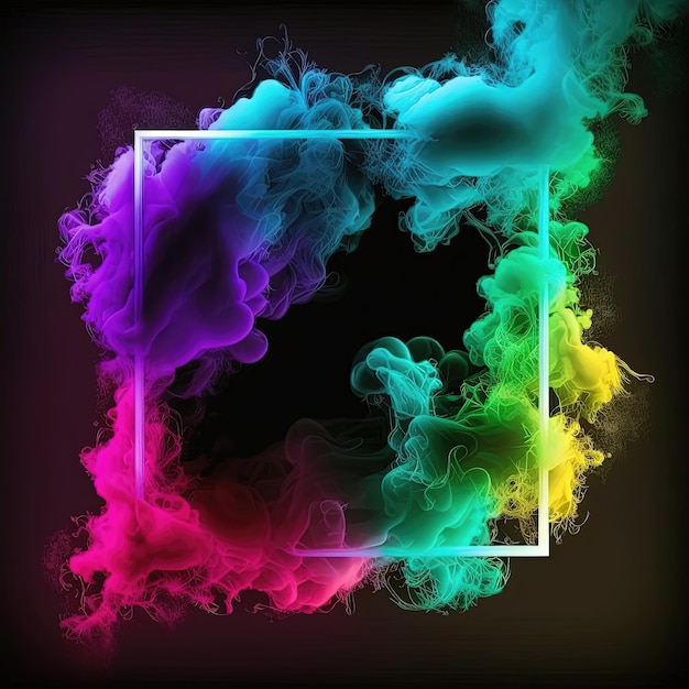 Abstract 3D frame with puffs of colorful smoke and neon light on a black background Ai generated