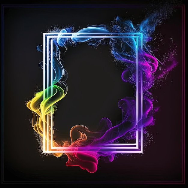 Photo abstract 3d frame with puffs of colorful smoke and neon light on a black background ai generated