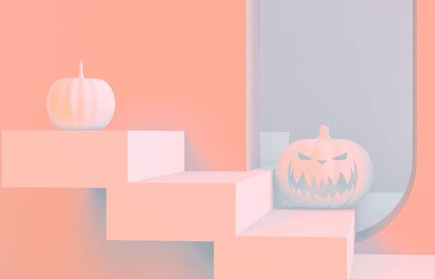 Abstract 3d Halloween scene with stairs and pumpkin. 