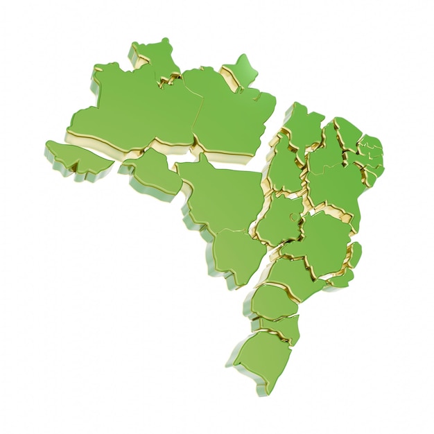 Abstract 3D-illustratie van de kaart van Brazilië in metaalgroen en geel met afzonderlijke staten geïsoleerd op