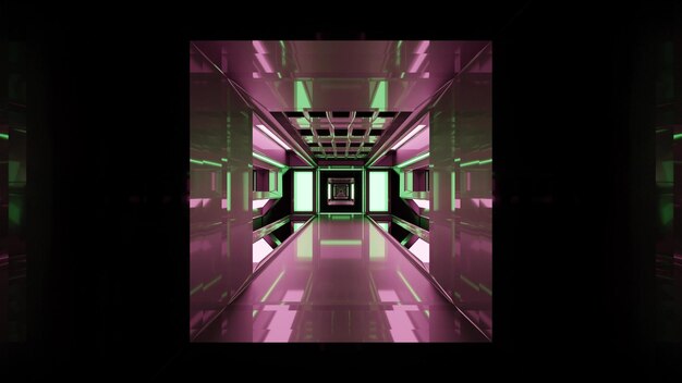 Abstract 3D illustration of 4K UHD futuristic long tunnel with reflection of bright glowing lights on walls and modern design