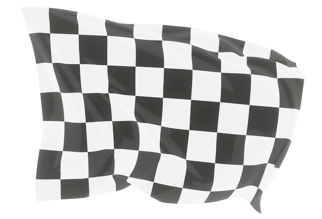 abstract 3d illustration of black and white checkered flag on shiny wavy fabric isolated on white