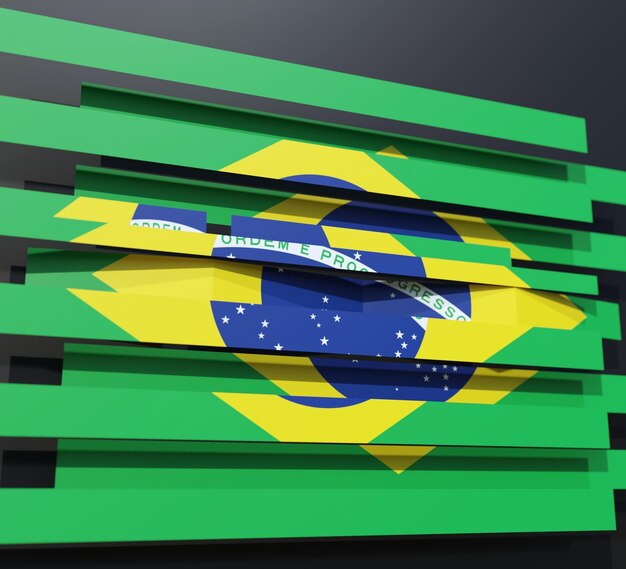 abstract 3d illustration of brazil flag cut into offset horizontal bands on bluish gray background w