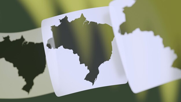 Photo abstract 3d illustration of brazil map leaked onto curved white cards overlaid on blurred green and