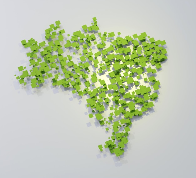 abstract 3d illustration of brazil map made of green square boards on bluish gray surface under yell