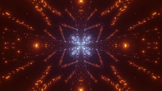 Абстрактная трехмерная иллюстрация ярких оранжевых и синих блесток, образующих симметричный орнамент в темноте
