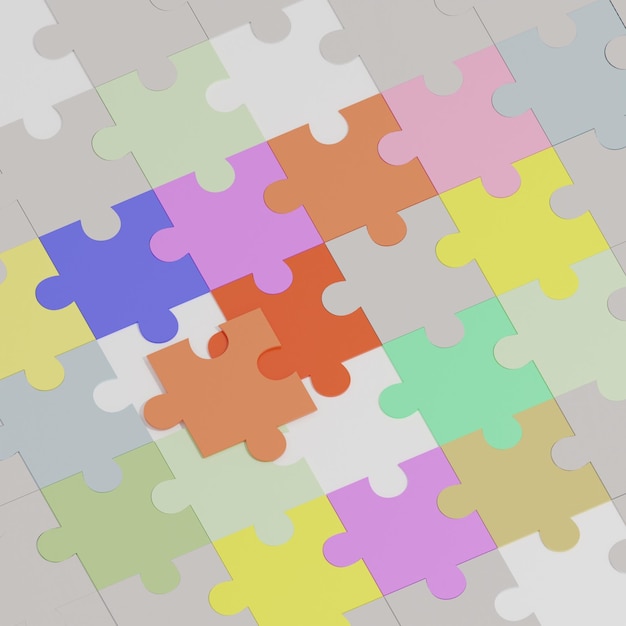 abstract 3d illustration of colorful puzzle with missing pieces on white surface