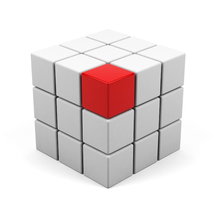 Photo abstract 3d illustration of cube assembling from blocks isolated on a white background 3d image