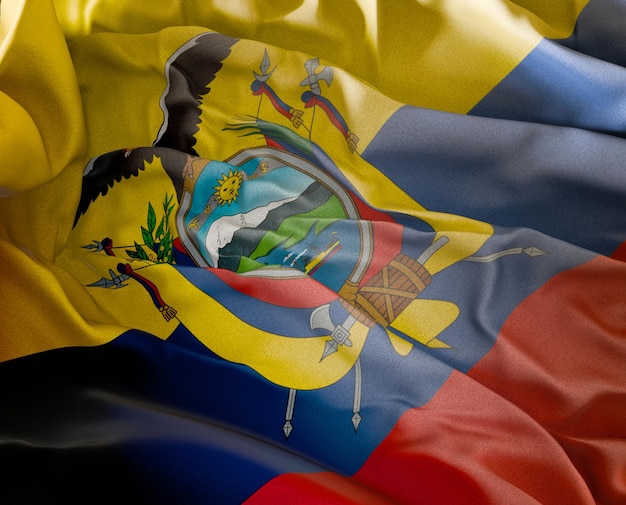 Foto abstract illustrazione 3d della bandiera dell'ecuador su tessuto ondulato in un ambiente scuro con sfocatura