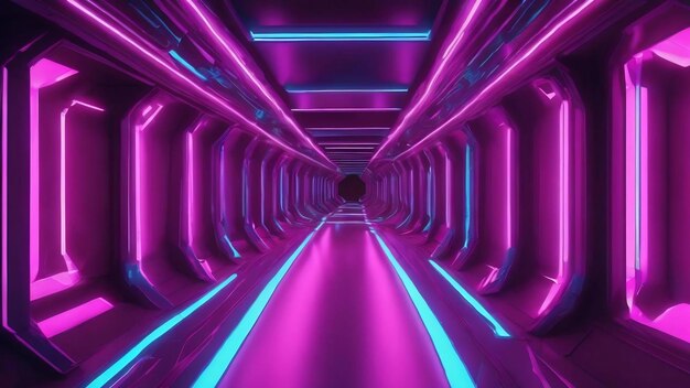 Abstract 3d illustration of geometric futuristic tunnel illuminated with bright violet and blue lamp