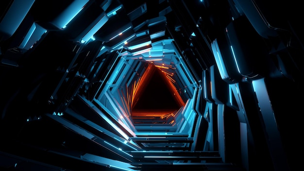 Abstract 3D illustration inside a blue room with blue neon