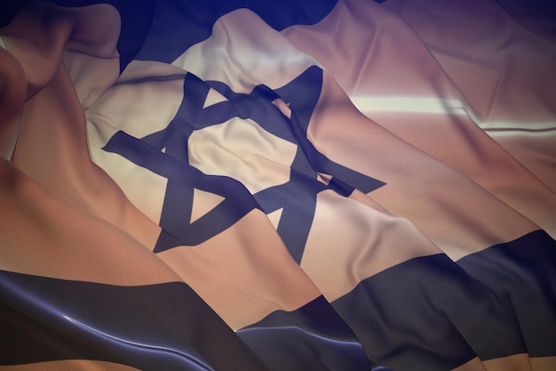 abstract 3d illustration of the israel flag on wavy fabric with bright highlights in a dark environm