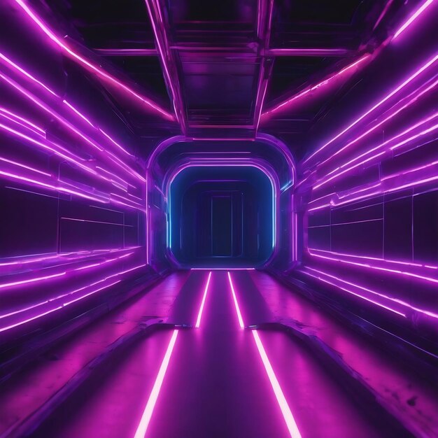 Abstract 3d illustration of neon tunnel with vivid blue lights and purple corners