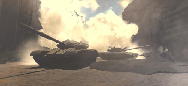 사진 파괴된 건물 안개와 구름의 배경에 두 개의 전투 탱크의 추상 3d 그림