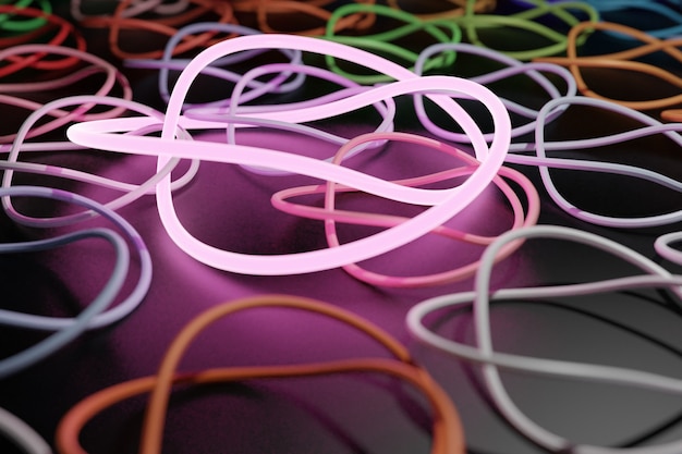 Abstract 3d illustration of pink intertwined cable illuminated among colorful intertwined cables on