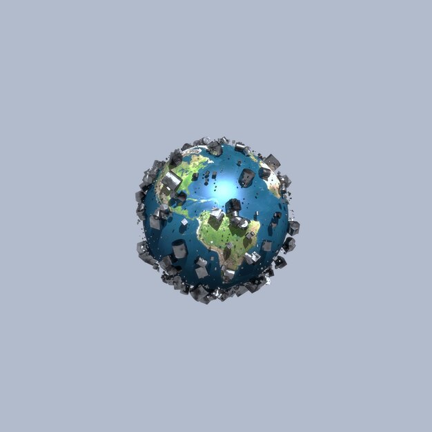 Abstract 3d illustration of planet earth circled by objects on gray background