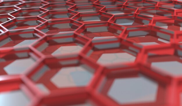 Abstract 3d illustration of red hexagonal frame on gray reflective surface with blur