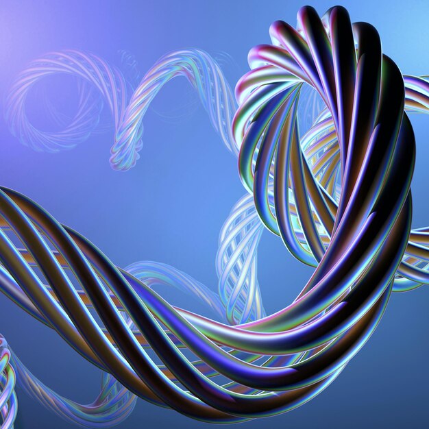 Abstract 3d illustration of spirally intertwined colored cables on cloudy blue background with blur