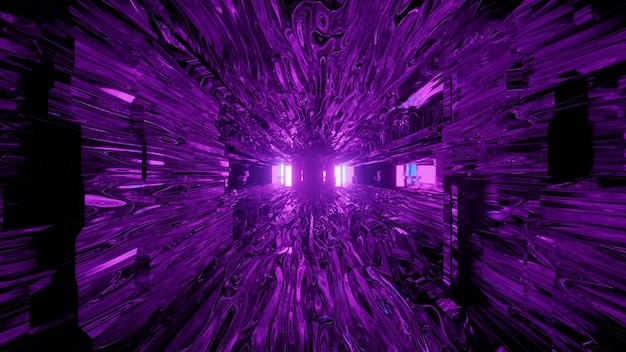 Абстрактная трехмерная иллюстрация сюрреалистического футуристического туннеля с искаженными стенами фиолетового цвета