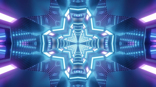 Foto abstract 3d illustrazione del tunnel a forma di croce simmetrica illuminato con lampade al neon blu e viola
