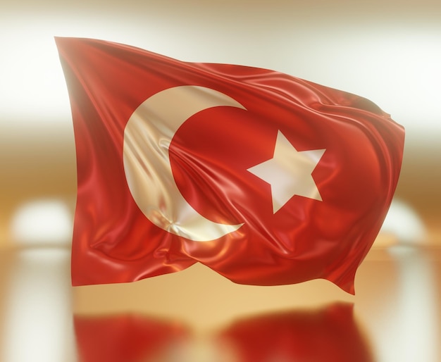 Abstract 3d illustration of turkey flag on wavy shiny fabric on\
reflective surface on blurred colorf