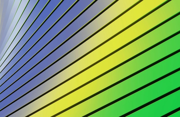 abstract 3d illustration of wavy stripes in white green yellow and blue gradient colors on black bac