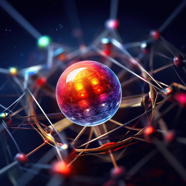 Abstract 3d model of an atom on blur background Atomic structure for chemistry science banner