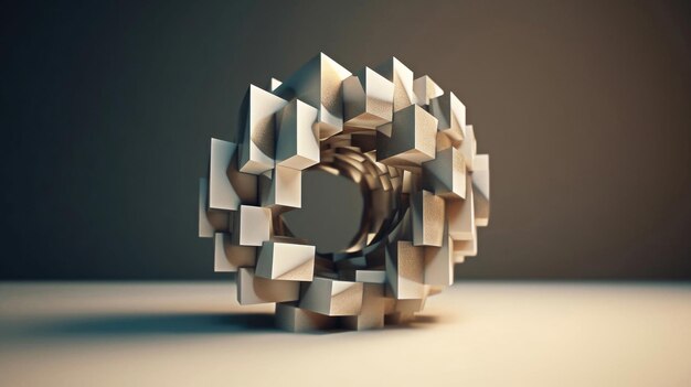 Photo abstract 3d motion sculpture of white cubes with shadows and circular object on tabletop