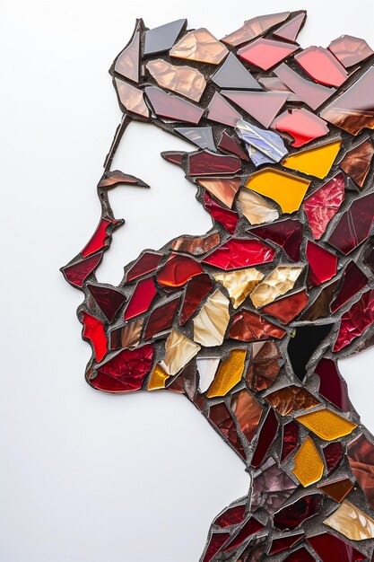 Abstract 3D-ontwerp van een silhouet van een vrouw gevormd door een mozaïek van glazen stukken