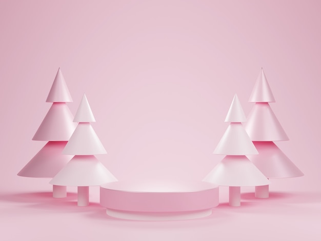 Abstract 3d pink cylinder pedestal podium with christmas tree