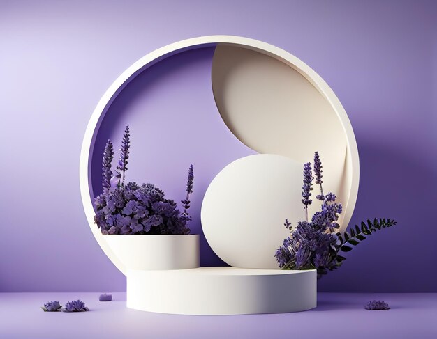 Abstract 3d podium for product presentation with geometric shapes empty round podiumplatforms for product presentation with lavender flower backgroundgenerative ai