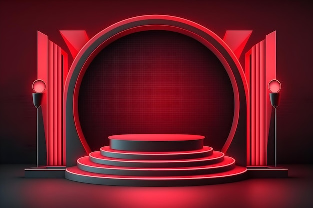 Abstract 3d red podium with t room with glowing neon lights Mockup for product display presentation