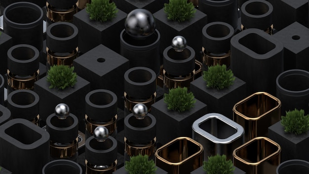 Abstract 3d render background with metallic elements, spheres, realistic plants. Modern isometric composition. Rich textures.