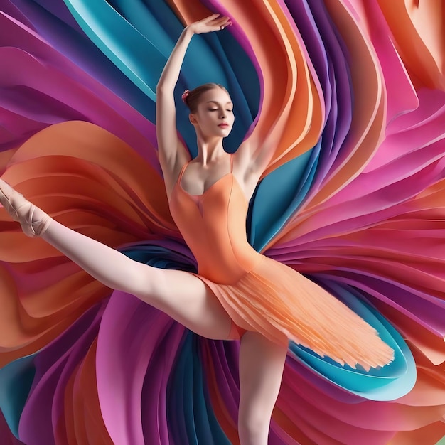 Абстрактный 3D-рендер балерины с изогнутыми экструзиями в ярких пастельных цветах