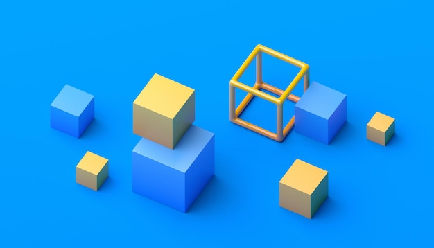 Abstract 3d render blauw en geel geometrisch ontwerp als achtergrond met kubussen