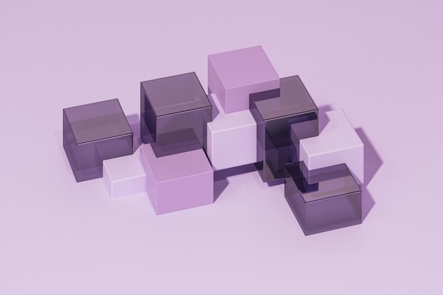 Rendering 3d astratto, composizione geometrica blu e viola, design di sfondo. sfondo chiaro