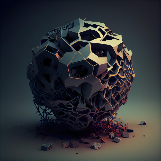 壊れた部品を持つ混沌とした球の抽象的な 3 d レンダリング未来的なテクノロジー スタイル