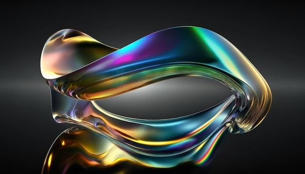 Abstract 3d render Glass ribbon on water Holographic shape in motion Iridescent gradient digital art for banner background wallpaper Transparent glossy design element flying in seascape