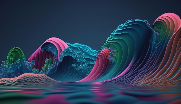 抽象的な 3 d レンダリング水にガラス リボン動きのホログラフィック形状バナー背景壁紙の虹色グラデーション デジタル アート海景を飛んでいる透明な光沢のあるデザイン要素
