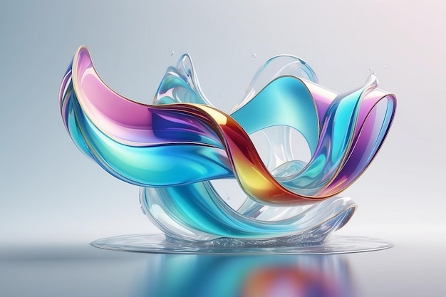 Abstract 3d render Glass ribbon on water Holographic shape in motion Iridescent gradient