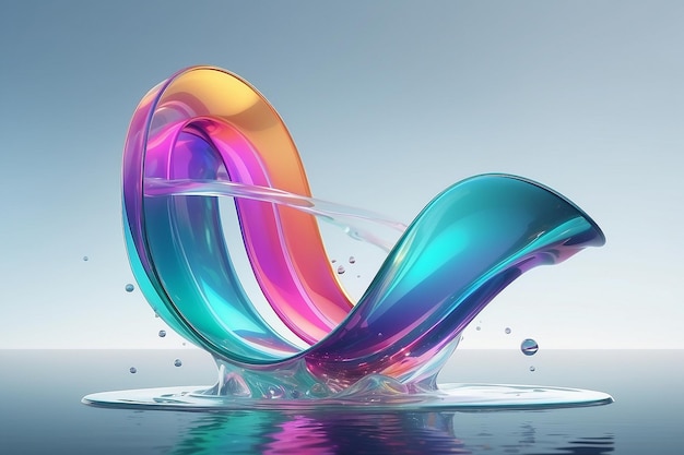 アブストラクト 3D レンダリング 水上のガラスのリボン ホログラフィック形状の動き イリデッセンスグラディエント