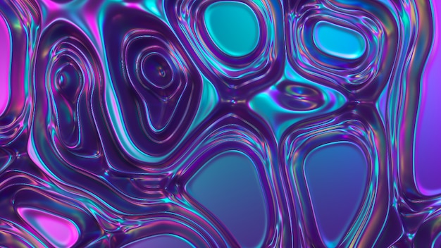 3d astratti rendono il fondo olografico della superficie dell'olio, la superficie ondulata della stagnola, l'onda e le increspature, la luce moderna ultravioletta, i colori rosa blu al neon di spettro. illustrazione 3d