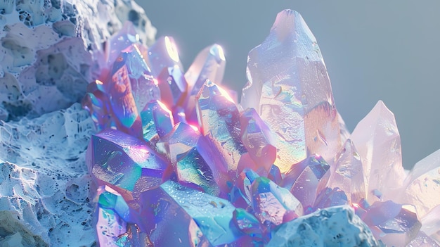 An abstract 3D render of iridescent crystals growing on white chalkstone a white rock