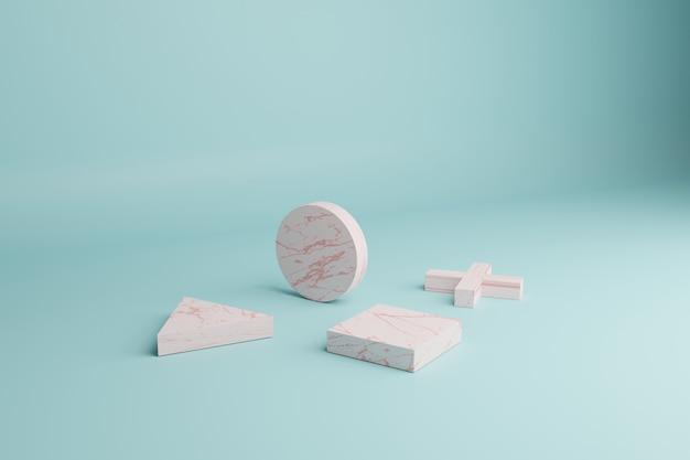 Abstract 3d render scene with white geometric forms on a pale blue background